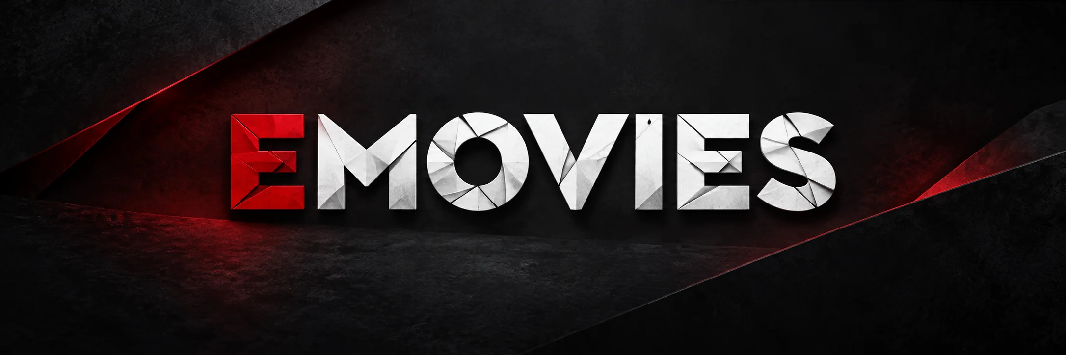 EMOVIES: red E and fractured white letters on a charcoal cinematic background